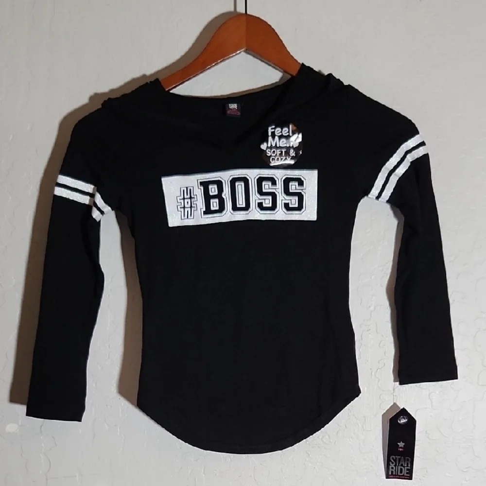 Childs Black #BOSS Glitter Graphic Hooded Shirt Large 6X